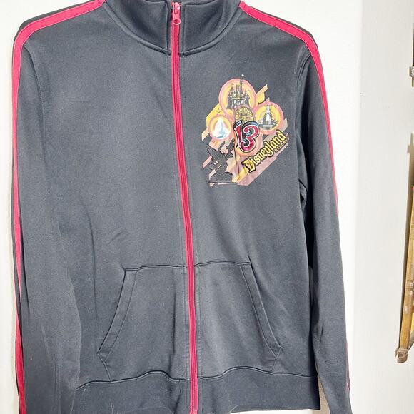 Disney Parks Mickey Tattoo Zip Jacket Black Red Stripes Size L Snag on Sleeve - Picture 2 of 7
